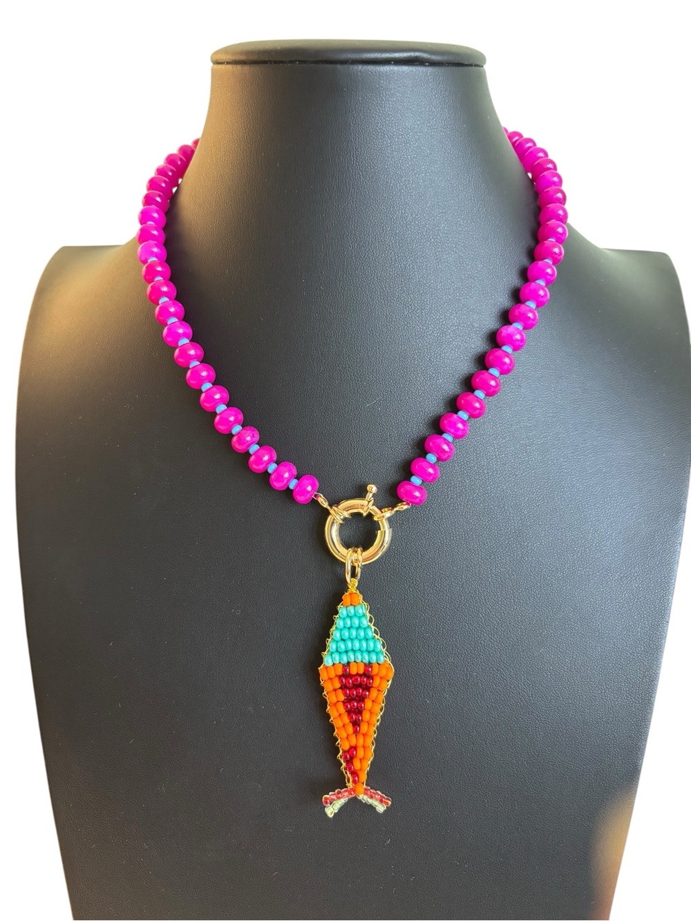 Beautiful, Bold Handcrafted Fuchsia & Turquoise Glass Beaded Fish Pendant
